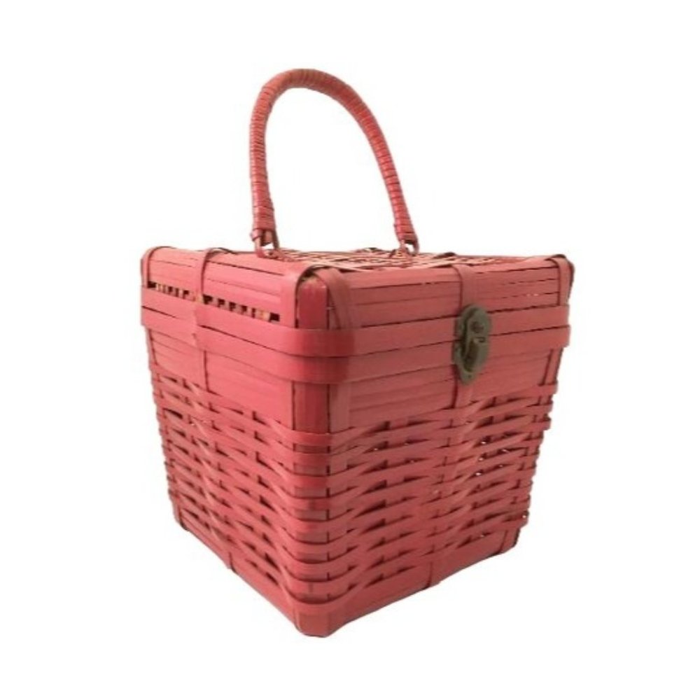Red Box Bag Top Handle Basket Vintage Structured … - image 1